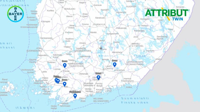 Kartta, jossa näkyvät Attribut Twin -kokeiden sijainnit Suomessa.