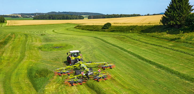 CLAAS-traktori karhottaa vehreää peltoa.