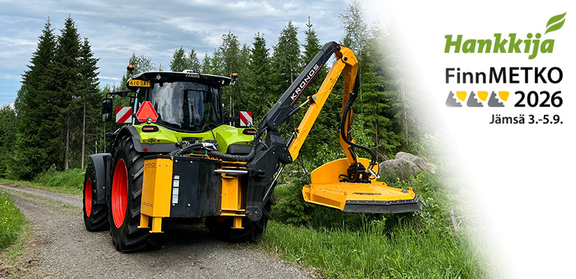 Hankkija on mukana FinnMETKO 2026 -tapahtumassa. Kuvassa Claas-traktori ja Kronos Extendo 610 piennarmurskain.
