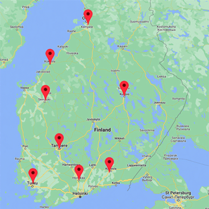 Suomen kartta, jossa konekeskukset merkittynä.