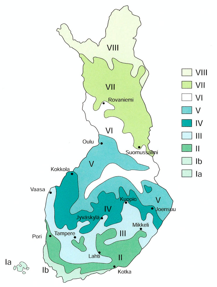 Kasvien menestymisvyöhykkeet Suomen kartalla.