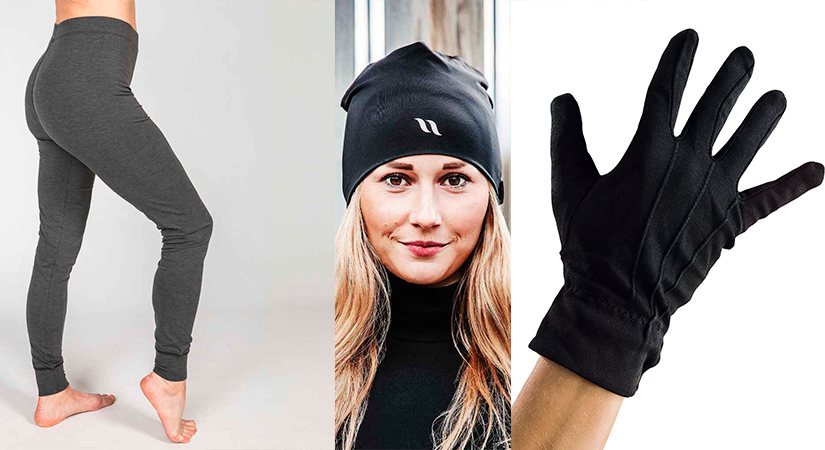 Kuvakokoelma, jossa naisten lämpökerrastohousut, beanie-pipo sekä hanskat.