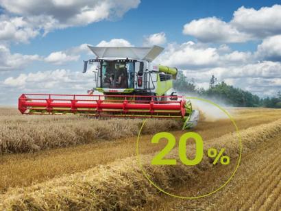 Leikkuupuimuri Cemos Auto Plus -järjestelmällä, taustalla lukee 20 %.