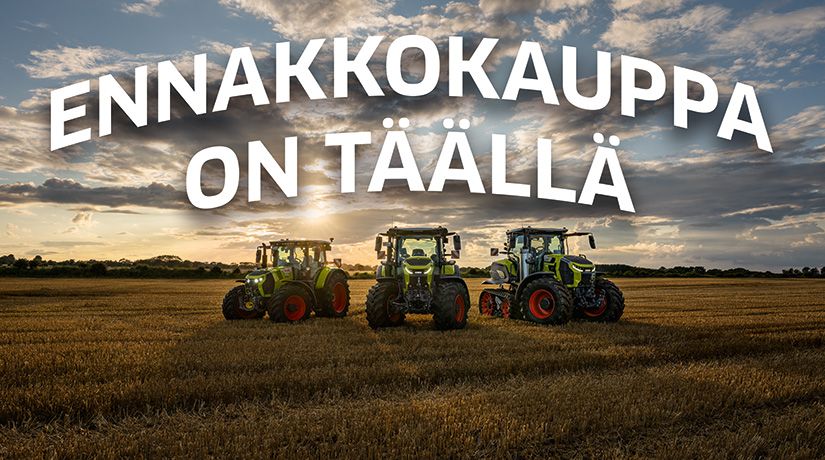 Ennakkokauppa on täällä. Kolme Claas-traktoriuutuutta pellolla auringonlaskua vasten siluetteina.