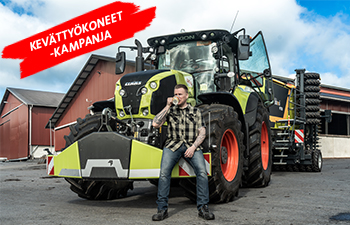 ClAAS AXION -sarjan traktorin tuotekuva, mies juo mukista, kuvituskuva.