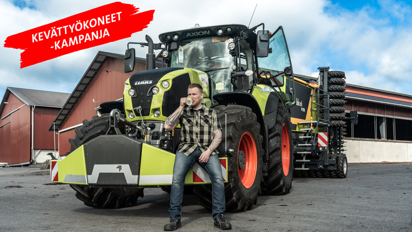 Claas AXION -sarjan traktorin tuotekuva, mies juo mukista, kuvituskuva.