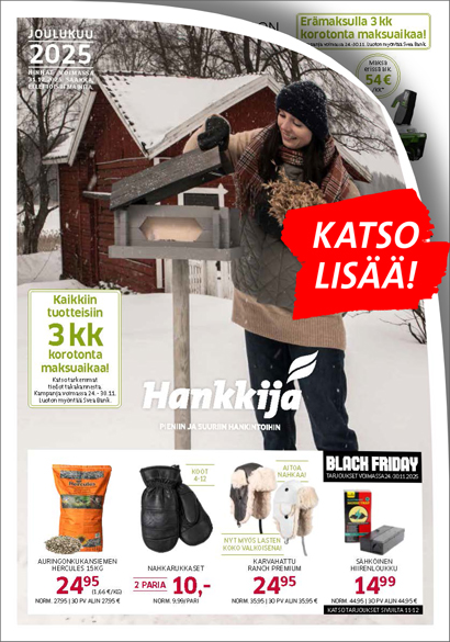 Joulukuun kuvasto 2025, kansikuva. Naisoletettu lisäämässä kauralyhteitä talvimaisemassa lintulaudalle.