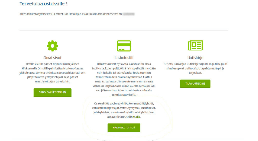 Rekisteröitymisen jälkeen voi avata laskutustilin, siirtyä omiin sivuihin tai tilata uutiskirjeen.