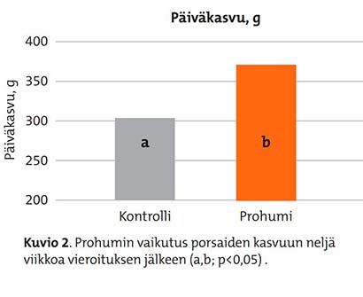 Prohumin vaikutus porsaiden kasvuun neljä viikkoa vieroituksen jälkeen.