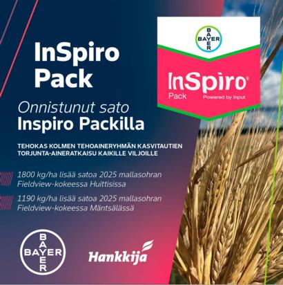 InSpiro Pack -tuotteen markkinointikuva, jossa näkyy logot sekä satolukemia FieldView-kokeista.