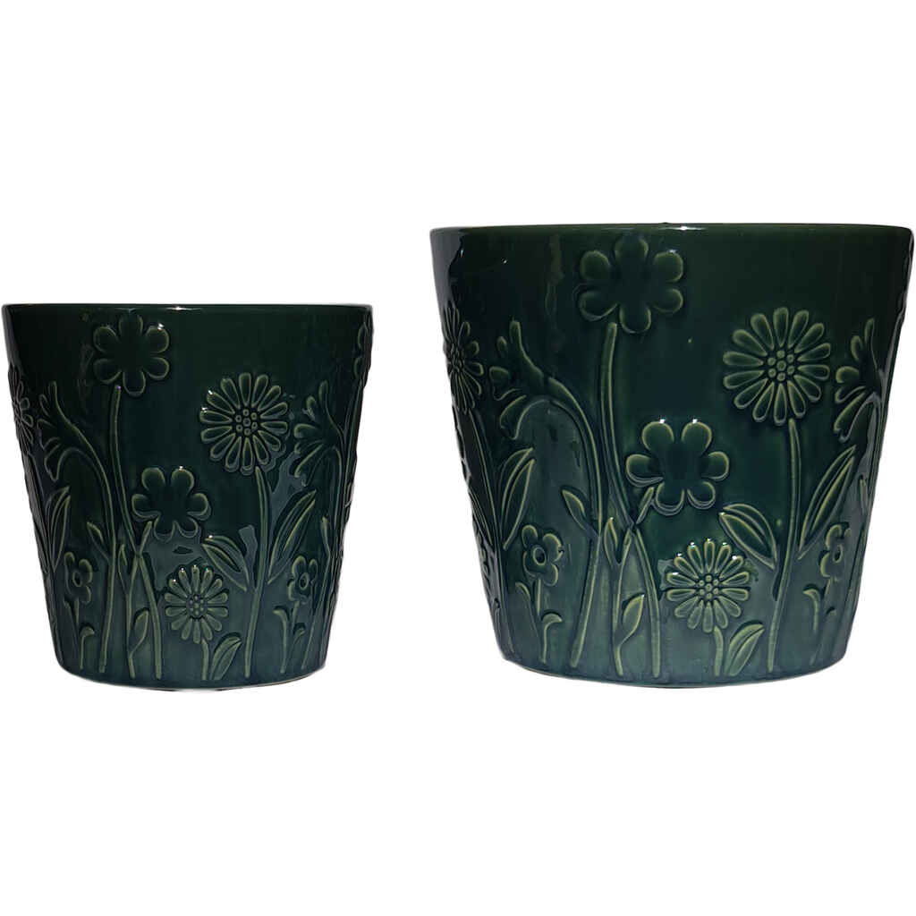 Tummanvihreä suojaruukku, kukkakuviolla.